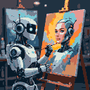 Humanoid robot with glowing blue eyes painting a portrait on an easel in a dimly lit studio.