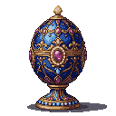 Fabergé-style egg with sapphire blue surface, golden filigree, pink and amethyst gemstones, resting on an ornate golden pedestal with blue jewels.
