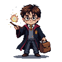 Harry Potter in his Hogwarts uniform, holding a wand with golden sparks and a satchel.