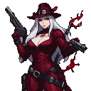 Vampire hunter with long white hair, red eyes, and crimson attire, holding a crossbow gun and sword, with a blood-like elemental entity behind her.
