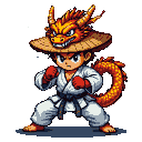 Young karate fighter in white gi and red gloves, wearing a stylized dragon hat with a curled tail, in a ready stance.