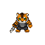 A tiger demon warrior in segmented dark armor, holding a silver sword, with piercing green eyes and vibrant orange fur with dark stripes.