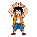 Young man with spiky black hair and a wide grin, wearing a yellow vest and blue shorts, forms a large heart shape with his hands above his head.