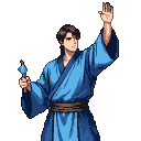 Young man in blue robes with raised hand and glowing blue talisman.
