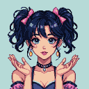 K-pop inspired mage character with large blue eyes, dark hair in high pigtails with pink bows, wearing a choker with a gem and a dark blue ruffled dress.