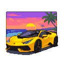 A yellow Lamborghini on a beach at sunset, with a purple, pink, and orange sky, a palm tree, and an airplane.