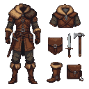 Medieval adventurer in fur-trimmed leather armor with belt pouches and a dagger. Separate display shows torso armor, satchel, dagger, axe, boot, and pouch.