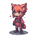 Fox-eared character in a red hooded jacket and boots, standing in playful curiosity.