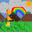 A yellow dinosaur stands in a grassy field under a rainbow, with rolling hills and trees in the background.