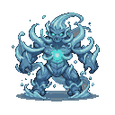 A humanoid water elemental with icy blue and translucent body, sharp protrusions, and a glowing cyan chest cavity. Water splashes around its feet.