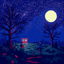 A red-lit cabin sits on a rise under a starry indigo sky, with a gnarled tree on the left and a silhouetted tree against a pale yellow moon on the right. A winding red-streaked path crosses the textured, dark ground.