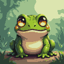 A plump frog with glowing, closed eyes sits on a branch.