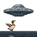 A bewildered duck with a green head and white and orange body stands on a dark surface, wings outstretched, as a metallic flying saucer with glowing windows hovers above.