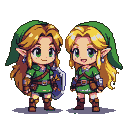 Two chibi characters with blonde hair, green tunics, and pointed ears stand side-by-side with shy smiles. The character on the left holds a Triforce shield.