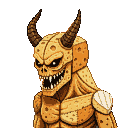 A horned, skull-faced monster with sharp teeth, its body made of textured, hole-ridden golden-yellow cheese, emerges from darkness.