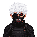 Menacing figure with white hair, black leather mask revealing metal teeth, and a glowing red ghoul eye, wearing tactical combat gear.