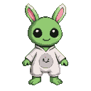 A cute, green alien with large eyes and bunny ears wears a white bunny onesie with a smiling face emblem.