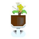 A yellow flower with white buds in a brown pot on a white pedestal.