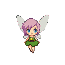 Pixie with lavender hair, blue eyes, and an emerald green dress with a yellow flower, her translucent wings spread.