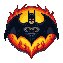 Black pixel art Batman symbol with a red and yellow pixel art flame aura. Batman's masked face and spread cape are visible within the flames.