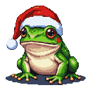 A green frog wearing a red and white Santa hat.