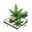 A partially unrolled marijuana joint with vibrant green cannabis leaves emerging from its opening on a sheet of rolling paper.