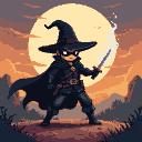 Shadowy sorcerer in black cape and pointed hat, holding a glowing sword. Behind them, a large pale moon in a fiery orange and purple sky above a silhouetted landscape.
