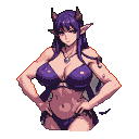 A succubus with long purple hair, pointed ears, and dark horns, wearing a dark purple bikini, stands with hands on hips.