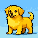 Cheerful golden retriever puppy with bright yellow fur and tail curled upwards, looking forward with curious, dark pixelated eyes and a happy pant.