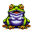 Vibrant pixelated frog with bulging orange-eyed gaze and open mouth, detailed with green skin, purple and light blue belly, and splayed orange-toed limbs.