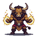 A minotaur with a red loincloth, metallic belt, and glowing yellow eyes. Its clenched fists emit a golden, crackling aura.