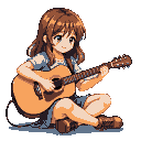 Young woman with shoulder-length brown hair, seated cross-legged, playing an acoustic guitar.