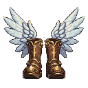 Knee-high brown leather boots with golden accents and large white feathered wings.