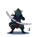 Teal-cloaked ninja with crimson sashes and red eyes, holding a katana, with small horns on its helmet.