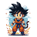 Young Goku in an orange gi and blue belt, with spiky black hair and a playful smirk, stands amidst erupting flames and debris against a blue sky with white clouds.