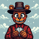 Anthropomorphic bear character in a top hat and striped suit with suspenders, holding paws near chest.