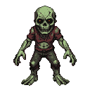 Gaunt, emaciated zombie with outstretched arms, skeletal fingers, sickly green skin, tattered clothing, glowing orange eyes, and open, snarling jaw.