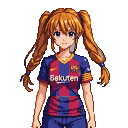 Young woman with auburn pigtails wearing a Barcelona FC jersey and shorts, smiling.