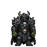 Formidable orc in dark, spiked armor with skulls, wearing a horned helmet that shadows its glowing red eyes.