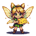 Pixie with translucent wings and pointed ears, wearing a leafy green outfit and brown boots, holding a large block of Swiss cheese.