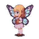 Ethereal blonde fairy with purple and aqua butterfly wings holds a book to her chest.