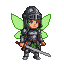 Determined pixie in dark grey pixelated knight's armor with spread bright green wings, holding a silver sword downwards.