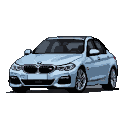 Head-on view of a light blue BMW sedan with a defined kidney grille and sharp headlights on a black background.