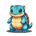 A plump, turquoise creature with a tan underbelly, dark eyes, pointed ears, and a textured brown shell on its back.