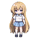 Young anime girl with blonde hair and purple eyes, wearing a white collared shirt, blue tie, and light blue pleated skirt.