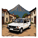 A white Fiat Uno drives on a dirt road in front of stucco houses and a mountain.