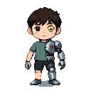 Young boy with organic left side and metallic prosthetic right side, glowing golden right eye.