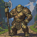 Pixel Art: Create an Ogre warrior hefting a large axe, show from the mi...