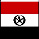 A flag with horizontal red, white, and black bands. A black stylized star emblem is centered on the white band.