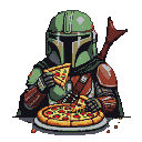 The Mandalorian in green beskar armor eats a slice of pepperoni pizza.
